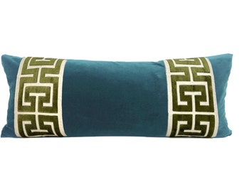 Teal Velvet Long Lumbar Pillow Cover with Large Greek Key Trim - Teal Pillow Cover - SELECT TRIM COLOR