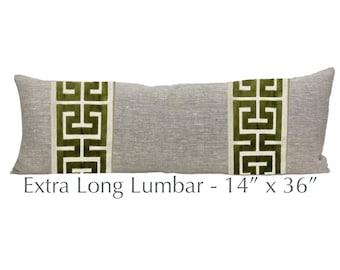 Extra Long Lumbar - 14x36 Oatmeal Linen Pillow Cover with Large Green Greek Key