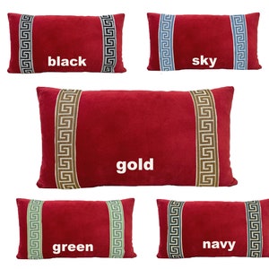 Red Velvet Lumbar Pillow Cover with Greek Key Trim SELECT TRIM COLOR image 2