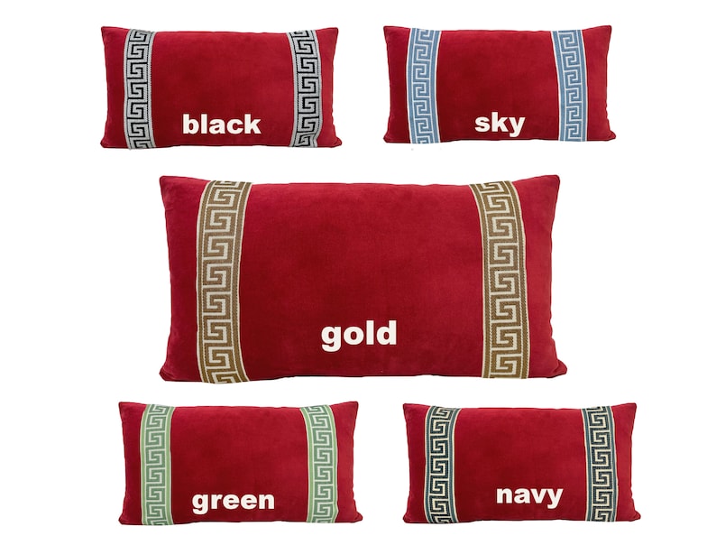 Red Velvet Lumbar Pillow Cover with Greek Key Trim SELECT TRIM COLOR image 2