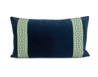 Navy Velvet Lumbar Pillow Cover with Greek Key Trim - SELECT TRIM COLOR