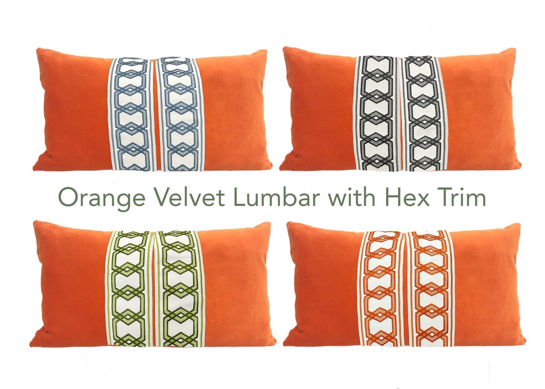 Orange Velvet Lumbar Pillow Cover With Hexagon Trim SELECT TRIM COLOR