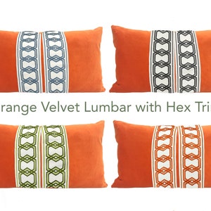 Orange Velvet Lumbar Pillow Cover with Hexagon Trim - SELECT TRIM COLOR