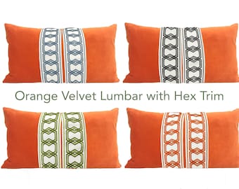 Orange Velvet Lumbar Pillow Cover with Hexagon Trim - SELECT TRIM COLOR