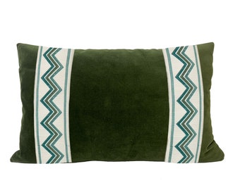 Moss Green Velvet Lumbar Pillow Cover with Zig Zag Trim - SELECT TRIM COLOR