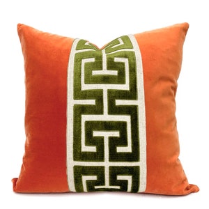 Orange Velvet Square Pillow Cover with Large Greek Key Trim SELECT TRIM COLOR Green