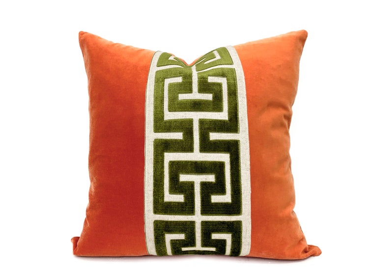 Orange Velvet Square Pillow Cover with Large Greek Key Trim SELECT TRIM COLOR Green