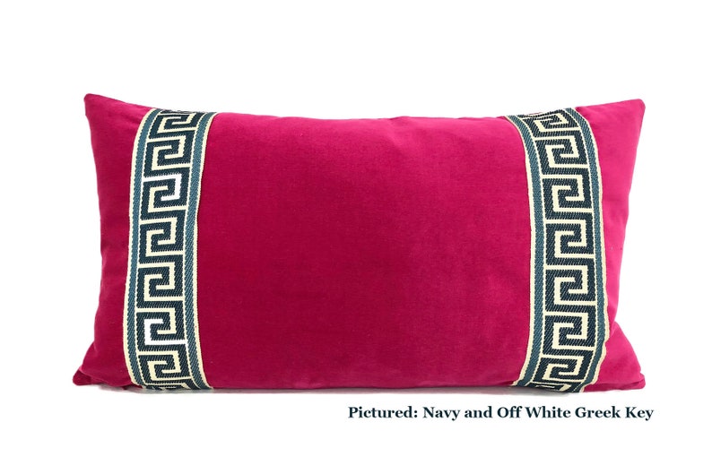 Fuchsia Pink Pillow Cover Fuchsia Velvet Lumbar Pillow with Navy Blue Greek Key Trim