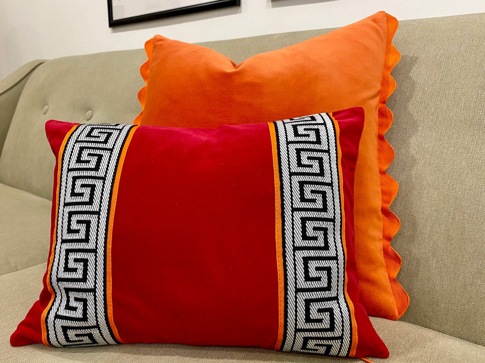 Red Pillow Cover Red Velvet Pillow Cover With Greek Key Trim Etsy