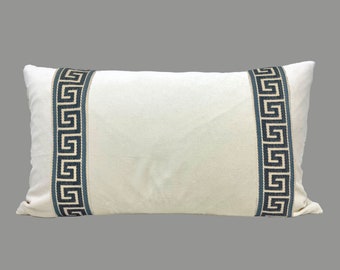 Off White Velvet Lumbar Pillow Cover with Greek Key Trim - SELECT TRIM COLOR