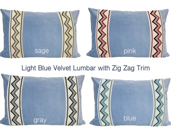 Light Blue Lumbar Pillow Cover with Zig Zag Trim - SELECT TRIM COLOR