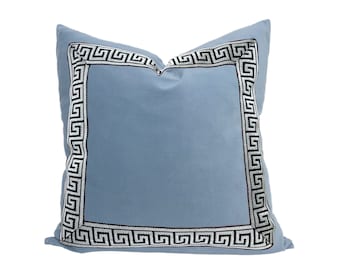 Light Blue Velvet Square Pillow Cover with Two-Inch Greek Key Trim- SELECT TRIM COLOR