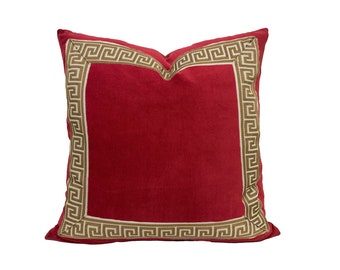 Red Velvet Pillow Cover with Greek Key Trim - SELECT TRIM COLOR