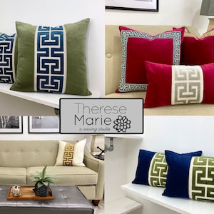 May include: A collage of images showcasing decorative throw pillows with a Greek key design. The pillows are in various colors, including green, red, blue, and beige. The pillows are shown on a couch, a shelf, and a bed.
