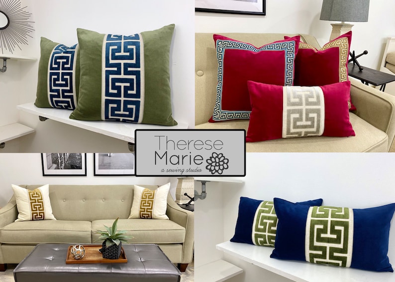 May include: A collage of images showcasing decorative throw pillows with a Greek key design. The pillows are in various colors, including green, red, blue, and beige. The pillows are shown on a couch, a shelf, and a bed.