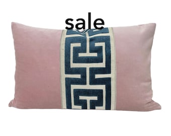 SALE Light Pink Velvet Lumbar Pillow Cover with Large NAVY Greek Key Trim, size 15x25