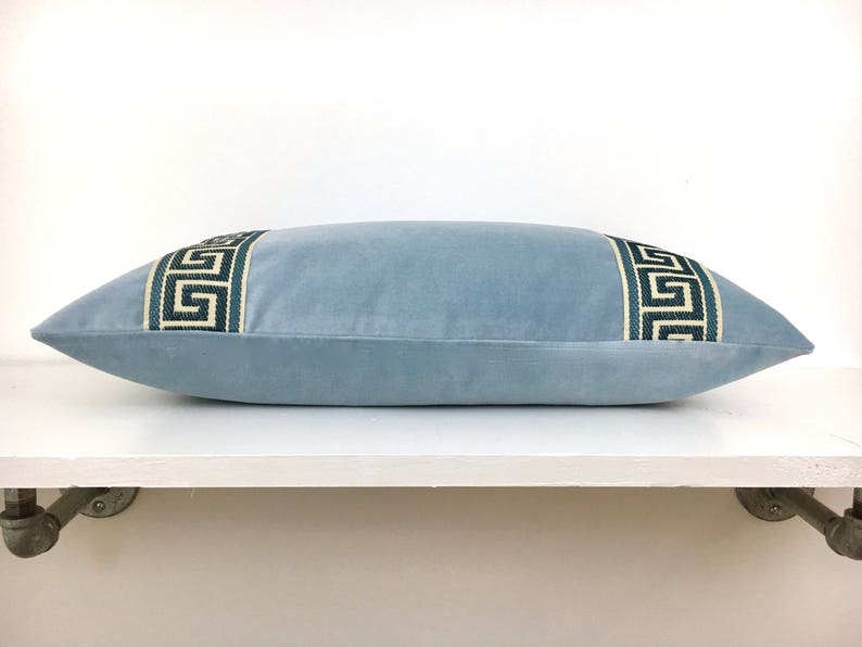 Light Blue Velvet Lumbar Pillow Cover with Marine Blue Greek Etsy