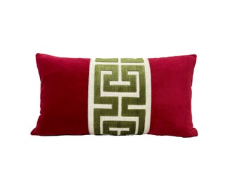 Red Velvet Lumbar Pillow Cover with Large Greek Key Trim - SELECT TRIM COLOR