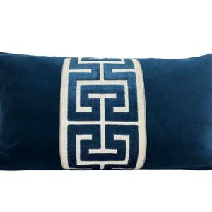 Navy Blue Velvet Lumbar Pillow Cover with Large Greek Key Trim - SELECT TRIM COLOR