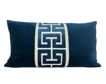 Navy Blue Velvet Lumbar Pillow Cover with Large Greek Key Trim - SELECT TRIM COLOR