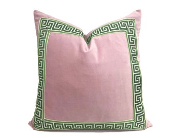 Light Pink Velvet Pillow Cover with Greek Key Trim - SELECT TRIM COLOR