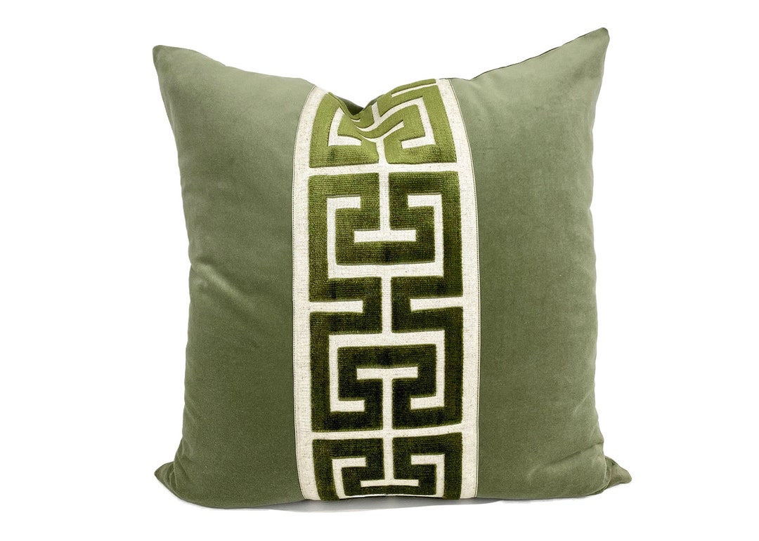 Sage Green Velvet Square Pillow Cover With Large Greek Key Trim SELECT