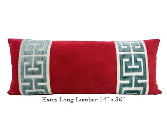 Extra Long Red Lumbar -SELECT TRIM COLOR - 14x36 Red Velvet Pillow Cover with Large Greek Key