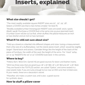 May include: A guide to pillow inserts, explaining how to choose the right size and where to buy them. The text includes tips on how to stuff a pillow cover and mentions popular retailers like Pottery Barn, West Elm, Garnet Hill, and IKEA.