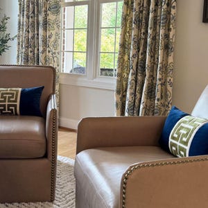 Navy Blue Velvet Pillow Cover with Large GREEN Greek Key Trim image 4