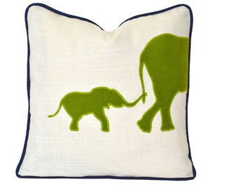 Elephant Pillow - Elephant pillow cover with lime green velvet applique and navy piping