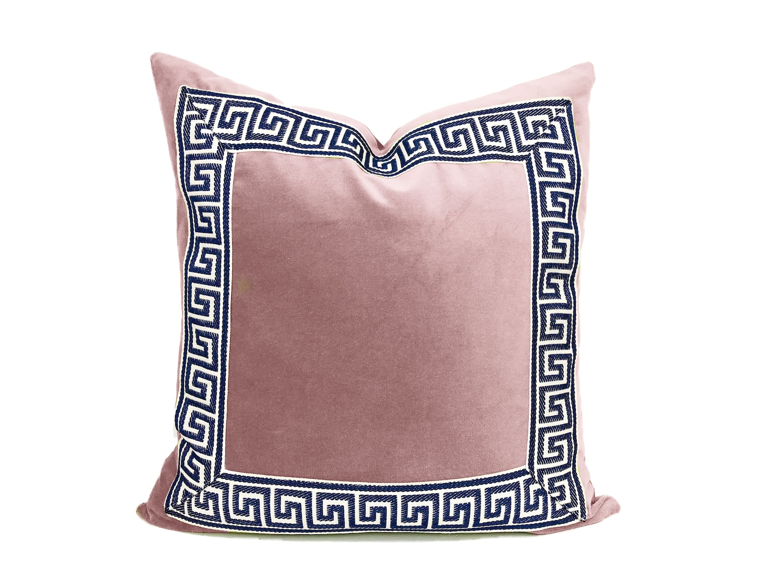 Light Pink Velvet Pillow Cover With Marine Blue Greek Key Trim Etsy