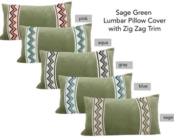 Sage Green Lumbar Pillow Cover with Zig Zag Trim - SELECT TRIM COLOR