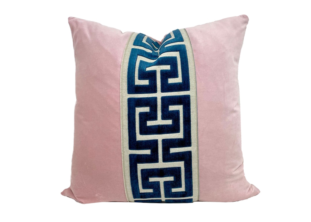 Light Pink Velvet Pillow Cover With Large Greek Key Trim SELECT TRIM