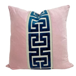 Light Pink Velvet Pillow Cover with Large NAVY Greek Key Trim