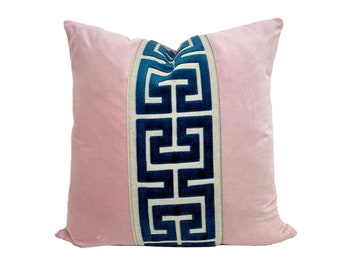 Light Pink Velvet Pillow Cover with Large Greek Key Trim - SELECT TRIM COLOR