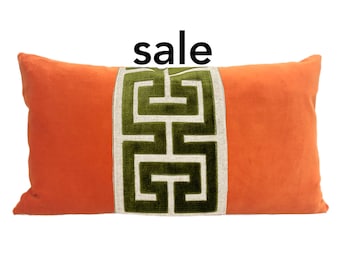 SALE Orange Velvet Pillow Cover with Large GREEN Greek Key Trim