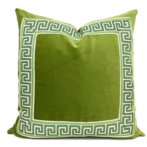 Lime Green Velvet Pillow Cover with Greek Key SELECT TRIM COLOR image 6