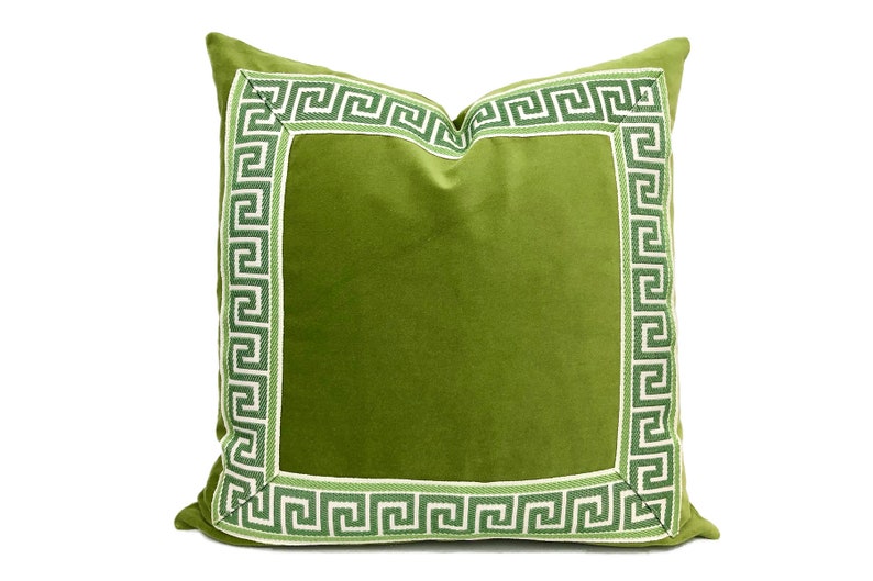 Lime Green Velvet Pillow Cover with Greek Key SELECT TRIM COLOR image 6