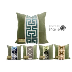 Sage Green Velvet Pillow Cover with Large Greek Key Trim - SELECT TRIM COLOR