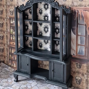 OOAK Stunning display cabinet with spooky themed paper backing, miniature dollhouse spooky witch haunted  1:12 scale