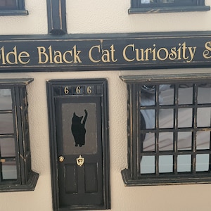 May include: A black and white storefront with a sign that reads "Ye Olde Black Cat Curiosity Shop". The storefront has two windows and a door with a black cat silhouette.