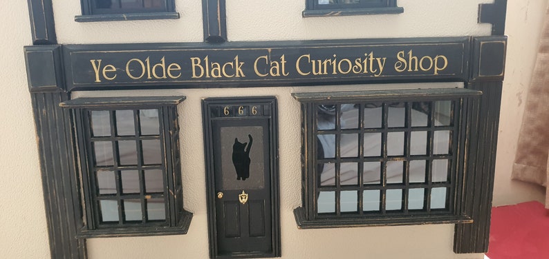 May include: A black and white storefront with a sign that reads "Ye Olde Black Cat Curiosity Shop". The storefront has two windows and a door with a black cat silhouette.