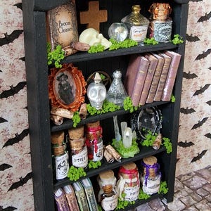 OOAK Stunning witches hutch cabinet with spooky themed contents, cabinet, miniature dollhouse spooky witch haunted  1:12 scale
