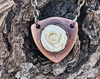 Copper Carved Bone Rose Necklace, Venus Self love spell, oddities curiosities, sabbat gift for Wiccan girl, halloween wedding jewelry bridal