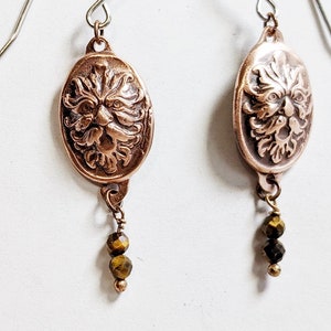 Copper Green Man Drop Earrings, green or tiger eye, Fall & Autumn wedding jewelry, gift for her, bridal party present, cernunnos, oak king,