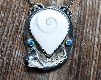 Mink Jaw Necklace with Shiva Eye Shell and Blue CZ, ethical animal bone jewelry, oddities & curiosities, halloween taxidermy  witch present