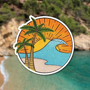 Beach Wave Nature Sticker, Summer Surfing Sticker, Ocean Water Bottle Sticker, Beach Lover Adventure Sticker, Palm Tree Vinyl Sticker