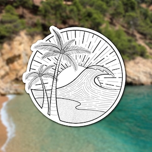 Beach Wave Nature Sticker, Summer Surfing Sticker, Ocean Water Bottle Sticker, Beach Lover Adventure Sticker, Palm Tree Vinyl Sticker