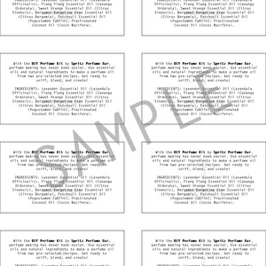 May include: A white card with black text describing a DIY perfume kit by Spritz Perfume Bar. The card includes a list of ingredients for the perfume, including lavender, ylang ylang, sweet orange, bergamot, patchouli, and coconut oil.