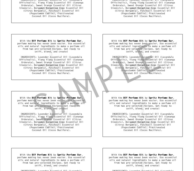 May include: A white card with black text describing a DIY perfume kit by Spritz Perfume Bar. The card includes a list of ingredients for the perfume, including lavender, ylang ylang, sweet orange, bergamot, patchouli, and coconut oil.